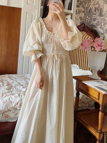 KYLETHOMASW  -  Cotton Embroidery French Languid U-Neck Ruffles Princess Nightgown Lace-up Vintage Fairy Night Dress Spring Pajamas Sleepwear