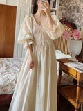 KYLETHOMASW  -  Cotton Embroidery French Languid U-Neck Ruffles Princess Nightgown Lace-up Vintage Fairy Night Dress Spring Pajamas Sleepwear