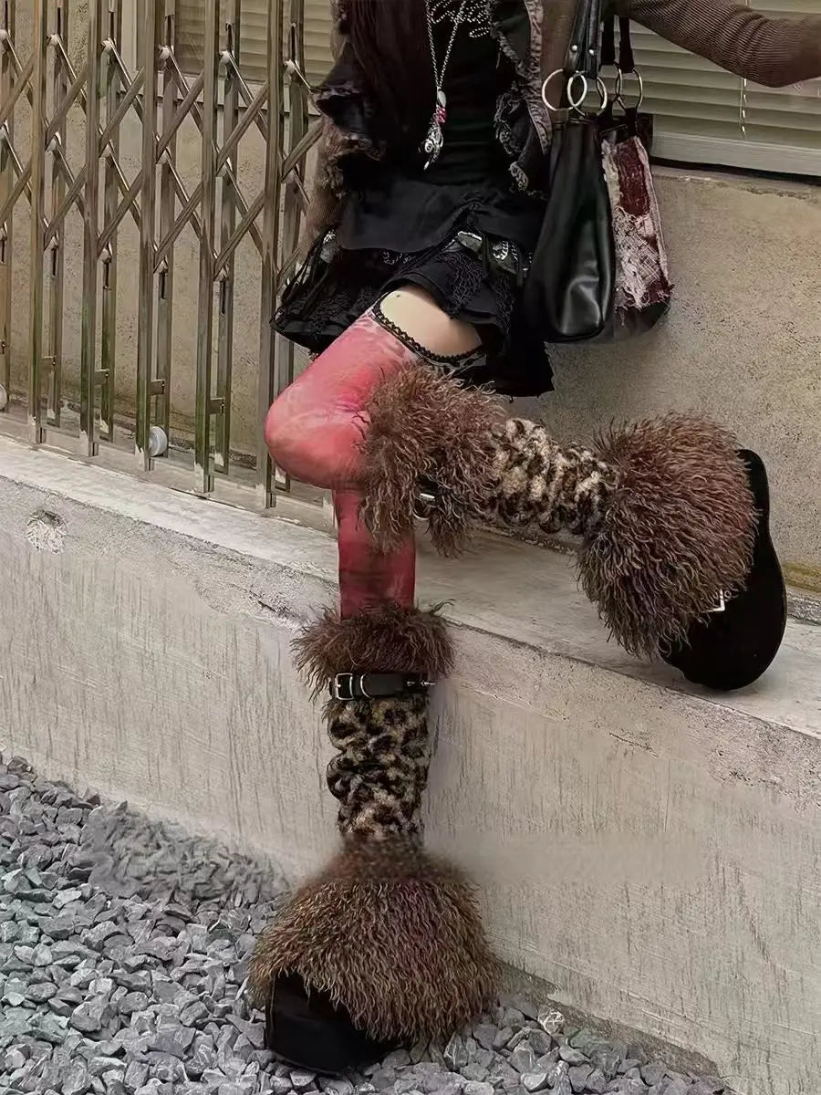 KYLETHOMASW  -  Leopard Print Calf Leg Covers Pile Socks Spicy Girl Rivet Leg Warmers Subculture Retro Slimming Fur Spliced Long Socks for Women