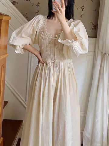 KYLETHOMASW  -  Cotton Embroidery French Languid U-Neck Ruffles Princess Nightgown Lace-up Vintage Fairy Night Dress Spring Pajamas Sleepwear