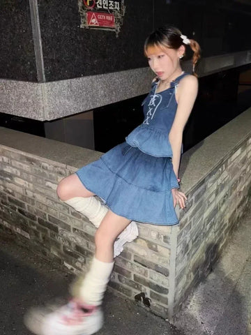 KYLETHOMASW  -  2024 New Puff Sleeve White Shirts Women+ Summer Sexy Gradient Blue Denim Strap Dress+ Leg Warmer Y2k E-Girl Three Piece Sets