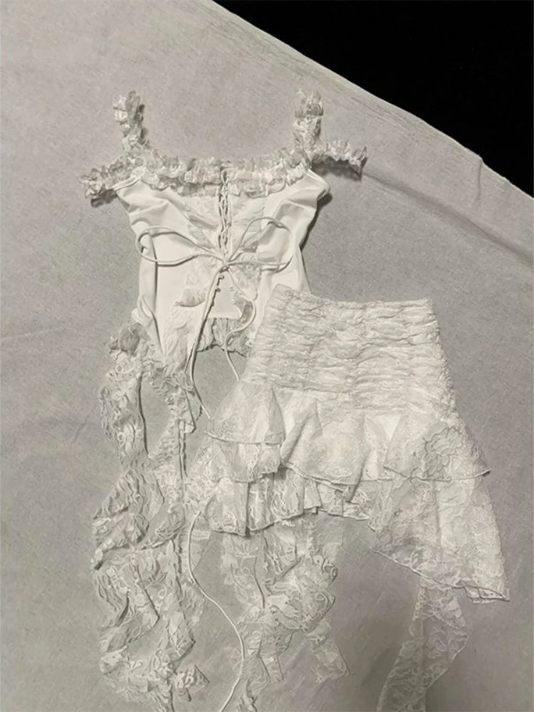 KYLETHOMASW  -  Women Fairycore Two Piece Set Lace Strap Top and Irregular Ruffle Mini Skirt Slim Fit Suit White Sweet Y2K Style Summer Outfit