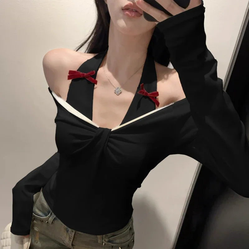 Kylethomasw High Street Backless Sexy Slim Long Sleeve T-shirt Women 2025 Spring New Korean Contrast Color Bow Splicing Casual Crop Tops