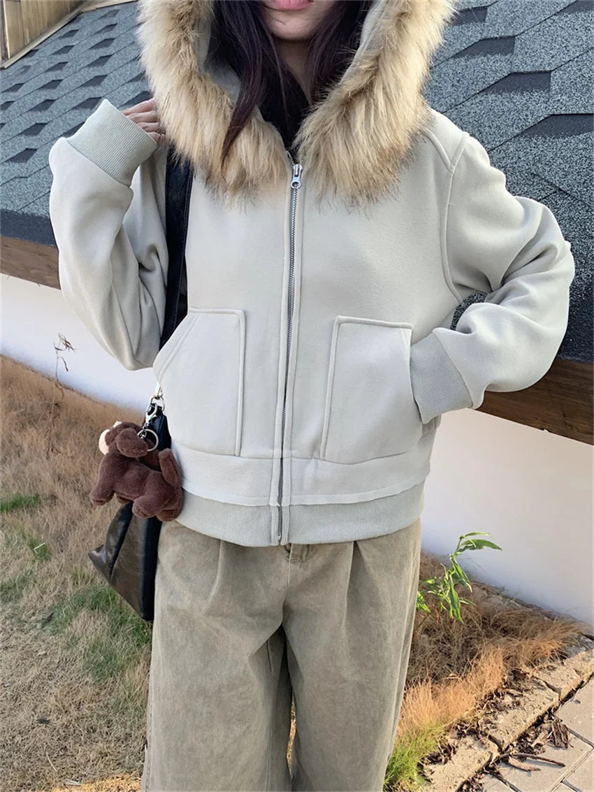 KYLETHOMASW  -   Fur Hooded Sweatshirts Women Loose Plush Winter Warm Daily 2025 OL New Chic Casual Streetwear All Match Coats