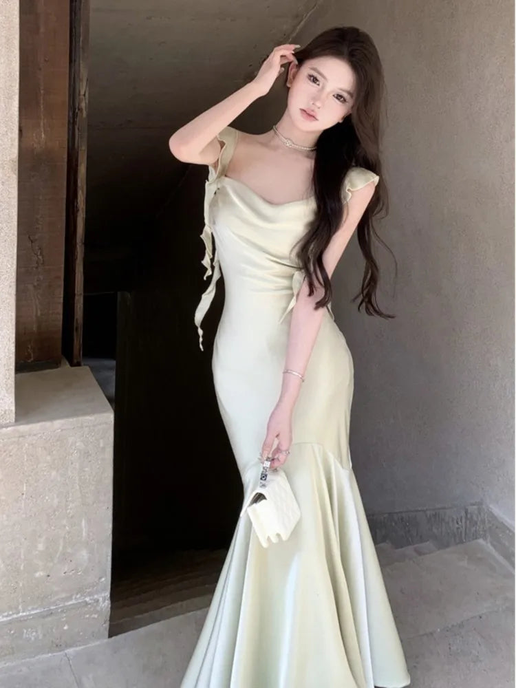 Kylethomasw -  Summer Women's Solid Mermaid Dress Sexy Bodycon Spaghetti Strap Midi Maxi Dresses Lady Elegant Stain Party Square Neck New Robe