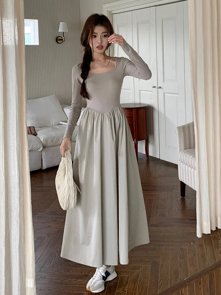 Kylethomasw Solid Pleated Dress Women Autumn Elegant Long Sleeve Vintage Ladies Party Daily Square Neck Dresses Female Clothing Chic Simple