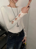Kylethomasw Y2k White Hollow Out T-shirts for Women Long Sleeve Slim Tops with Bow Coquette Sexy Girl O-neck Aesthetic Clothes Chic