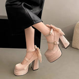 KYLETHOMASW  -  Pink Lolita High Heels Women's Pumps 2025 Cute Bow Round Ankle Straps Chunky Platform Mary Jane Shoes Embroidered Heels Women