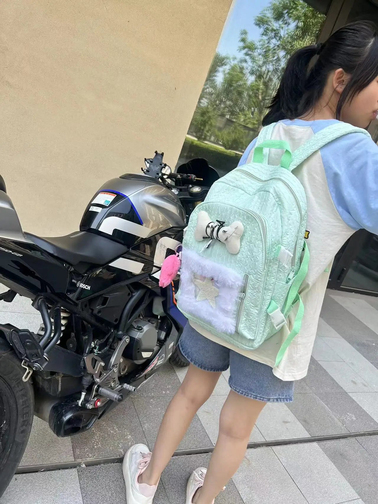 Kylethomasw New Mint Green Y2k Star Bone Decoration Monster Pendant Aesthetic Sweet Girl Backpack Preppy High-capacity School Backpack