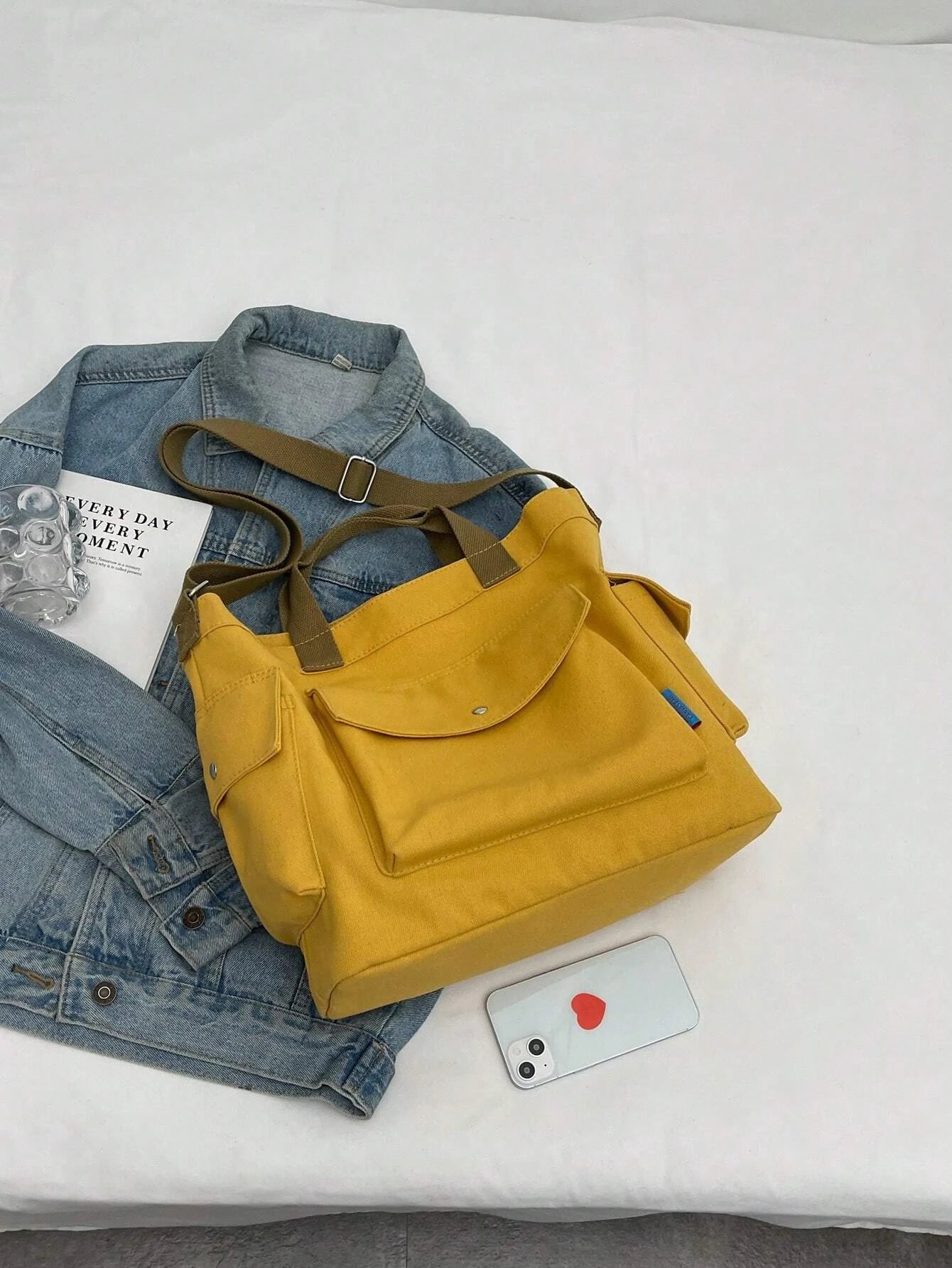 KYLETHOMASW  -  Canvas Solid Color Tote Bag, Large Capacity Multi-pocket Women's Shoulder Bag, College Style Middle School Student Crossbody Bag