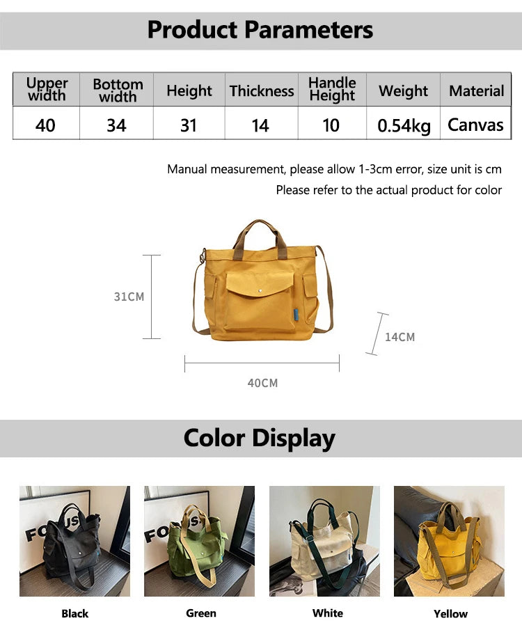 KYLETHOMASW  -  Canvas Solid Color Tote Bag, Large Capacity Multi-pocket Women's Shoulder Bag, College Style Middle School Student Crossbody Bag