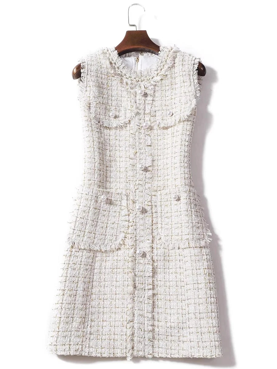 Kylethomasw Autumn Winter Luxury Runway Plaid Tweed Dress Women's Sleeveless Vest Beading Pearls Buttons Pockets Tassels Short Vestidos