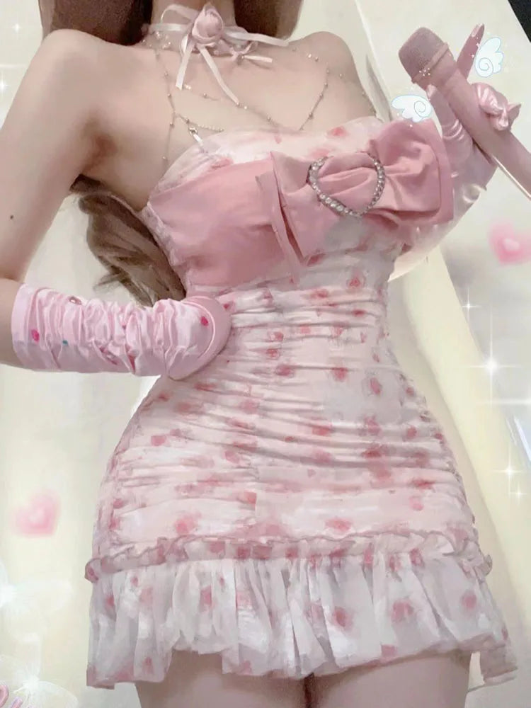 Kylethomasw French Elegance Pink Corset Dress Bow Fashion Party Prom Fairy Dress Chest Wrapping Sleeveless 2000s Aesthetic Sweet Streetwear