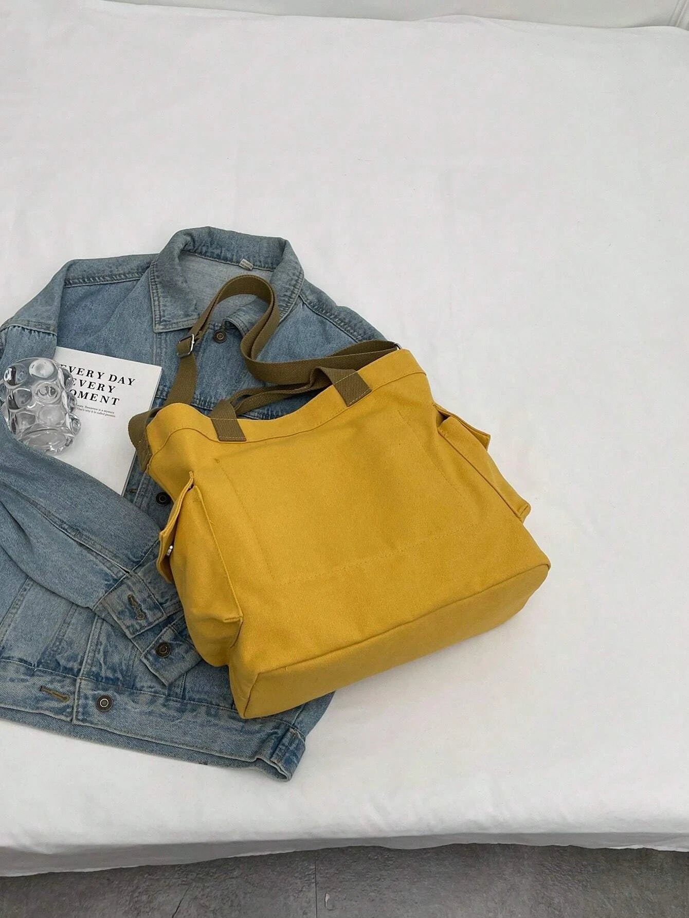 KYLETHOMASW  -  Canvas Solid Color Tote Bag, Large Capacity Multi-pocket Women's Shoulder Bag, College Style Middle School Student Crossbody Bag