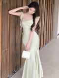 Kylethomasw -  Summer Women's Solid Mermaid Dress Sexy Bodycon Spaghetti Strap Midi Maxi Dresses Lady Elegant Stain Party Square Neck New Robe