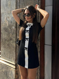 Kylethomasw  Summer Fashion Dresses Woman Trendy White Black O-Neck Short Sleeves Bow Decorate Zipper Female Elegant Mini Dress