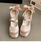 KYLETHOMASW  -  Pink Lolita High Heels Women's Pumps 2025 Cute Bow Round Ankle Straps Chunky Platform Mary Jane Shoes Embroidered Heels Women
