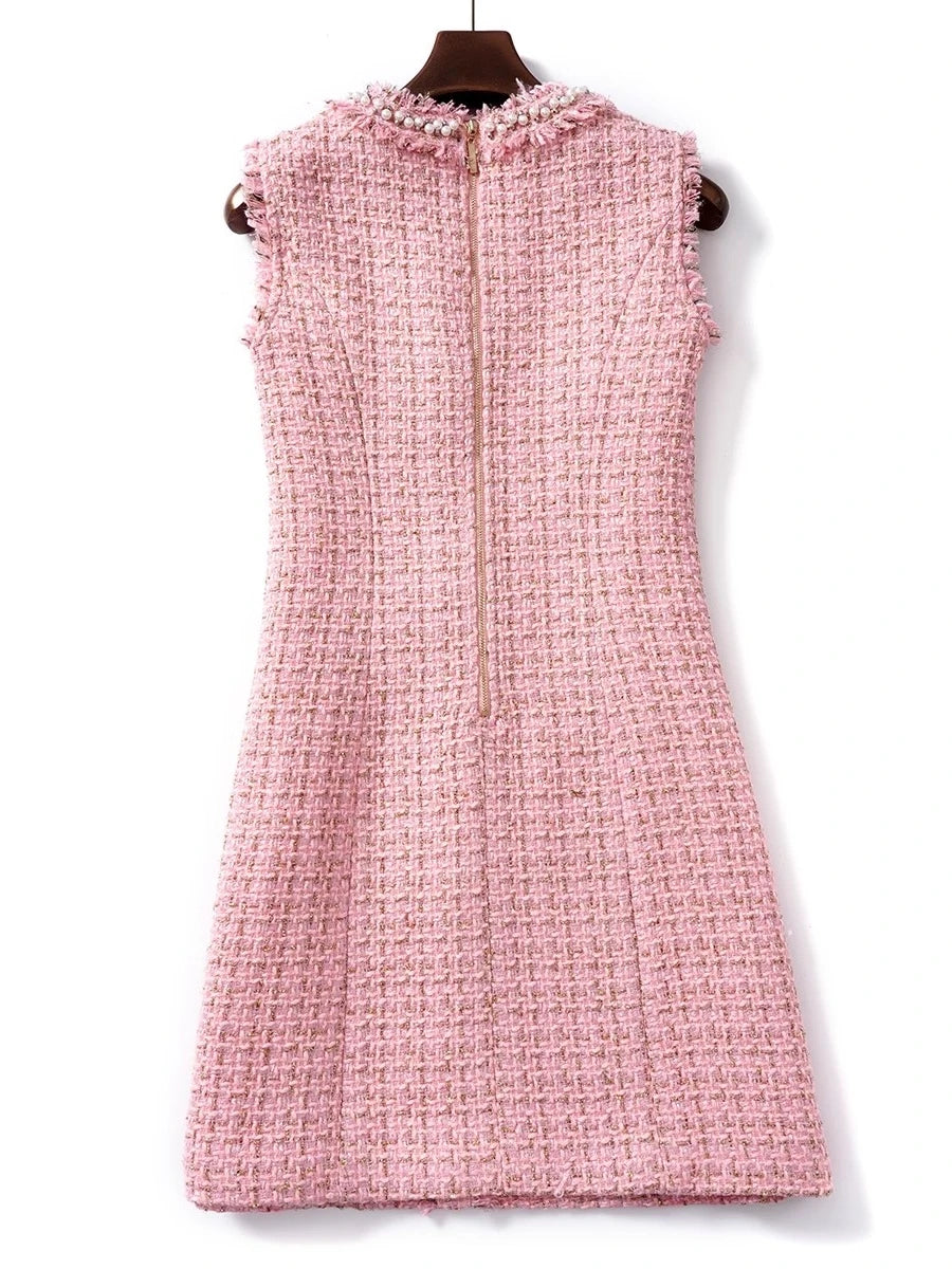 Kylethomasw Autumn Winter Luxury Runway Plaid Tweed Dress Women's Sleeveless Vest Beading Pearls Buttons Pockets Tassels Short Vestidos