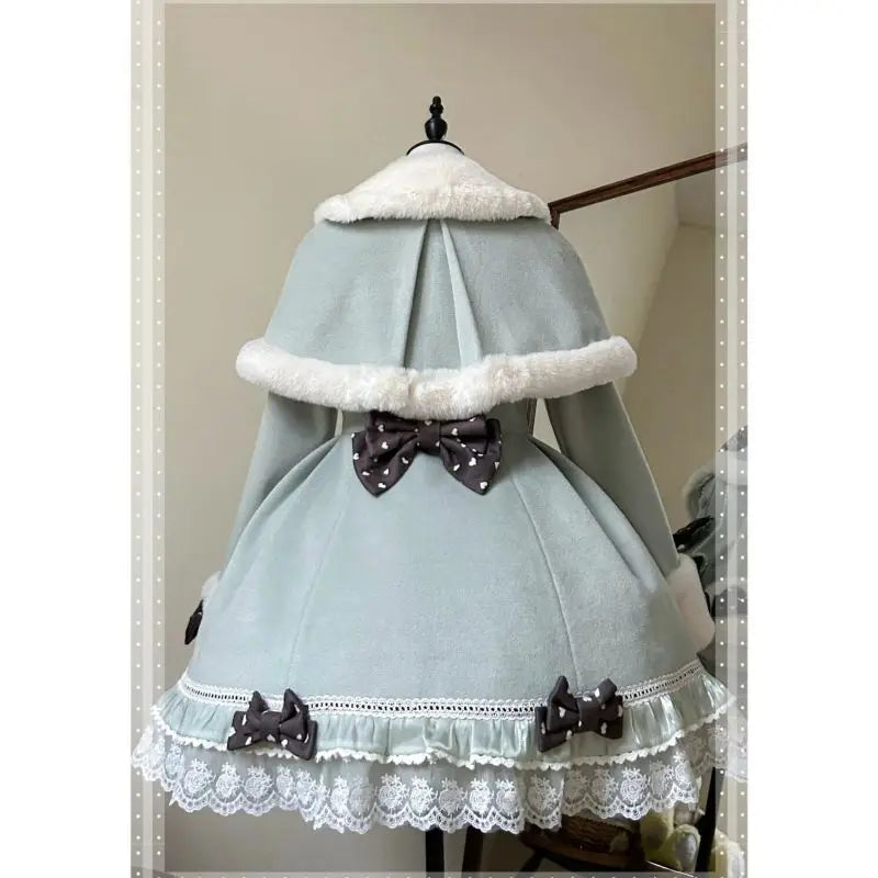 KYLETHOMASW  -  Winter Clothes New Cute Sweet Lolita Dresses Short Cloak Shawl Coat Bow A-line Wool Dress Woolen Two Piece Set Women Outfits