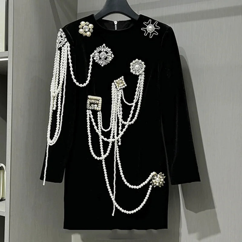 KYLETHOMASW  -  Velvet Heavy Industry Beads Tassel Black Dress for Women Autumn and Winter High end Spicy Girl Hip Wrap Slimming Short Dress