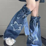 KYLETHOMASW  -  2024 New Puff Sleeve White Shirts Women+ Summer Sexy Gradient Blue Denim Strap Dress+ Leg Warmer Y2k E-Girl Three Piece Sets