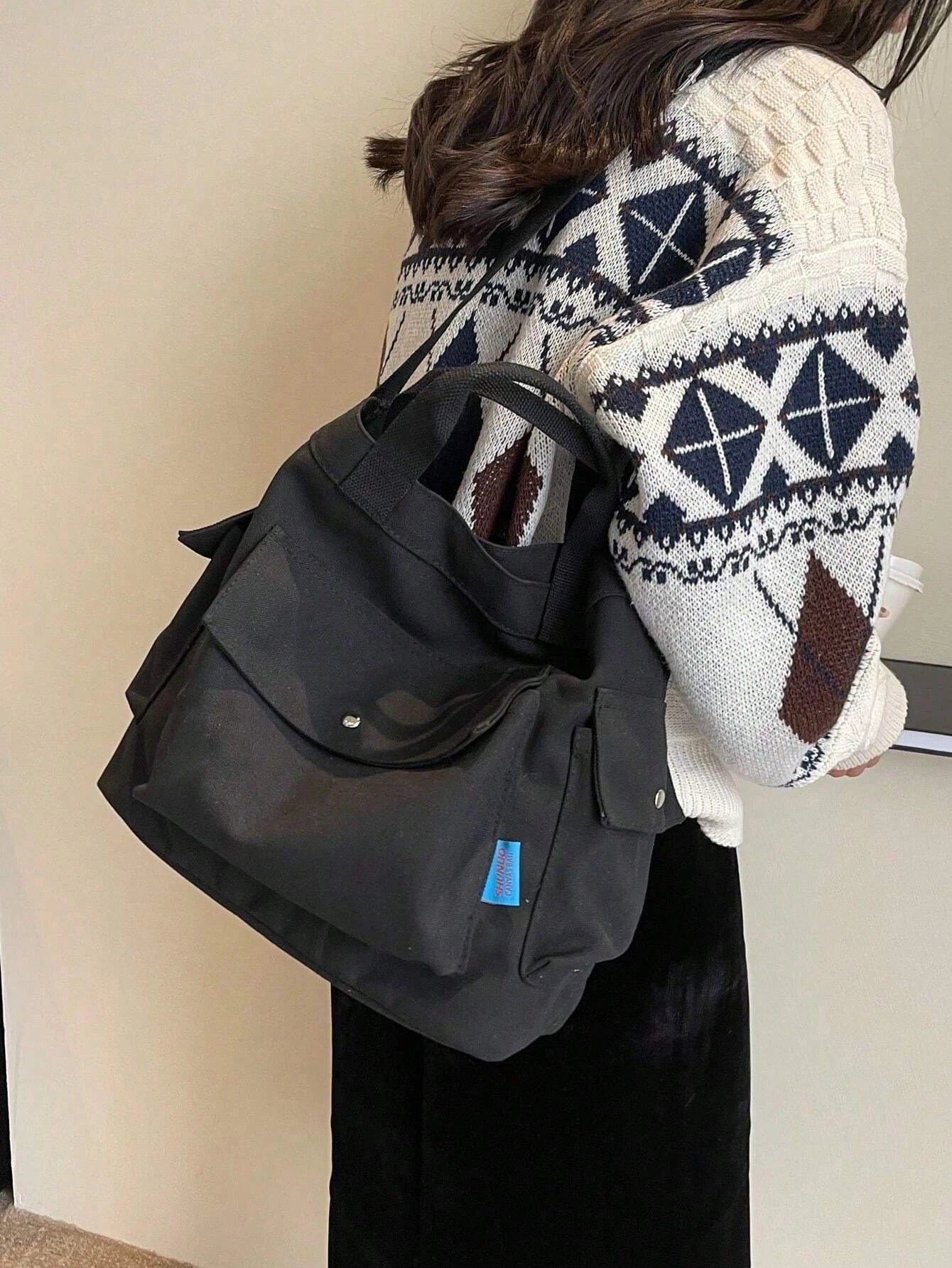 KYLETHOMASW  -  Canvas Solid Color Tote Bag, Large Capacity Multi-pocket Women's Shoulder Bag, College Style Middle School Student Crossbody Bag