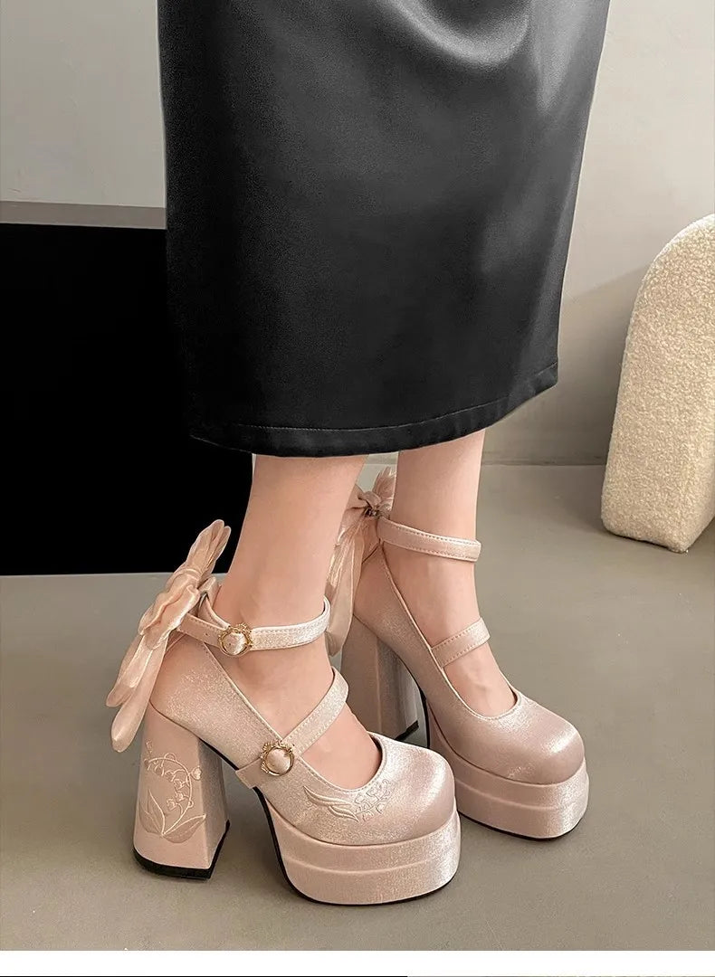 KYLETHOMASW  -  Pink Lolita High Heels Women's Pumps 2025 Cute Bow Round Ankle Straps Chunky Platform Mary Jane Shoes Embroidered Heels Women