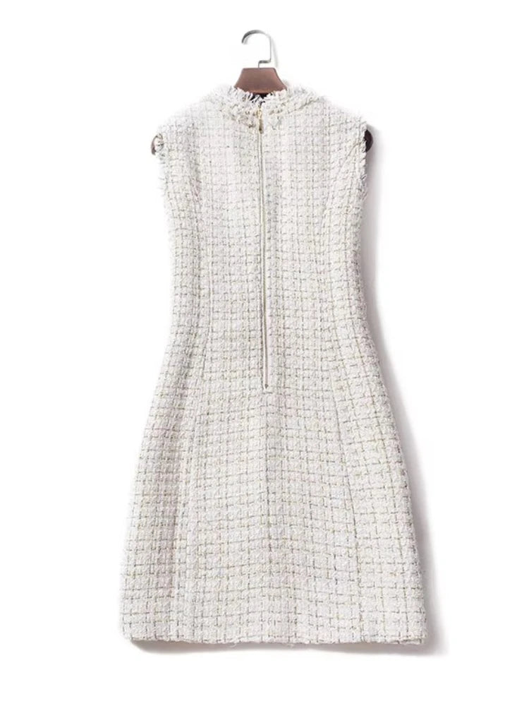 Kylethomasw Autumn Winter Luxury Runway Plaid Tweed Dress Women's Sleeveless Vest Beading Pearls Buttons Pockets Tassels Short Vestidos