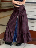 Kylethomasw Plaid Long Maxi Skirt Women Y2k American Retro Zipper Belt High Waist A-line Tiered Skirt Do Old School 90s Dress Gothic