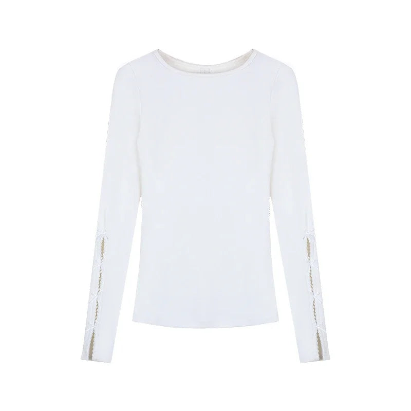 Kylethomasw Y2k White Hollow Out T-shirts for Women Long Sleeve Slim Tops with Bow Coquette Sexy Girl O-neck Aesthetic Clothes Chic