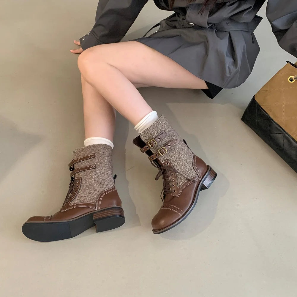 KYLETHOMASW  -  Fashion Design Narrow Band Lace-up Women Knee-High Boots Vintage Spring Autumn Round Toe Square Low Heels Shoes