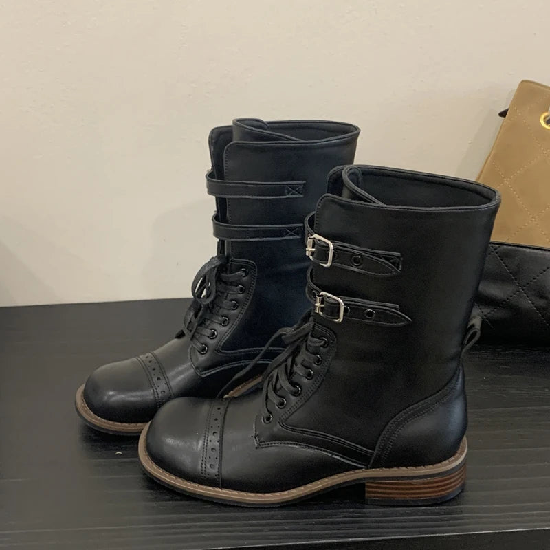 KYLETHOMASW  -  Fashion Design Narrow Band Lace-up Women Knee-High Boots Vintage Spring Autumn Round Toe Square Low Heels Shoes