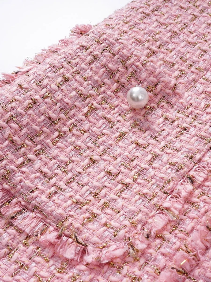 Kylethomasw Autumn Winter Luxury Runway Plaid Tweed Dress Women's Sleeveless Vest Beading Pearls Buttons Pockets Tassels Short Vestidos