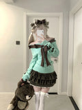 KYLETHOMASW  -  Sweet Hot Girl Retro Suit Women's Autumn and Winter Bow Off Shoulder Sweater Plaid A-line Skirt Two-piece Set Female Clothes