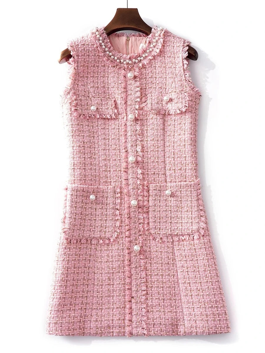 Kylethomasw Autumn Winter Luxury Runway Plaid Tweed Dress Women's Sleeveless Vest Beading Pearls Buttons Pockets Tassels Short Vestidos