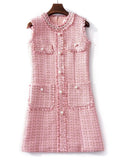 Kylethomasw Autumn Winter Luxury Runway Plaid Tweed Dress Women's Sleeveless Vest Beading Pearls Buttons Pockets Tassels Short Vestidos