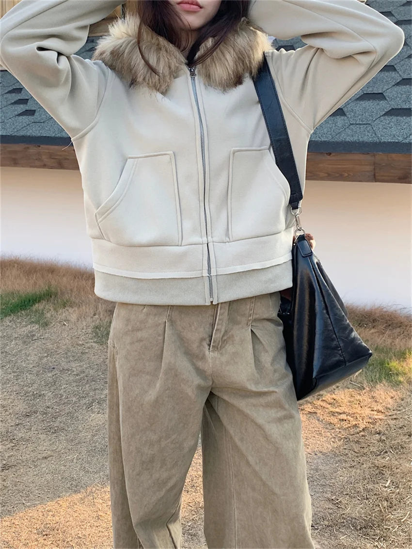KYLETHOMASW  -   Fur Hooded Sweatshirts Women Loose Plush Winter Warm Daily 2025 OL New Chic Casual Streetwear All Match Coats