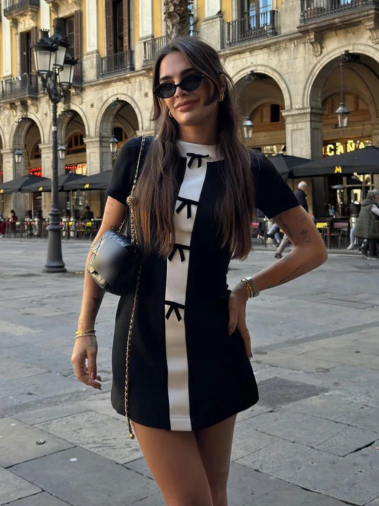 Kylethomasw  Summer Fashion Dresses Woman Trendy White Black O-Neck Short Sleeves Bow Decorate Zipper Female Elegant Mini Dress