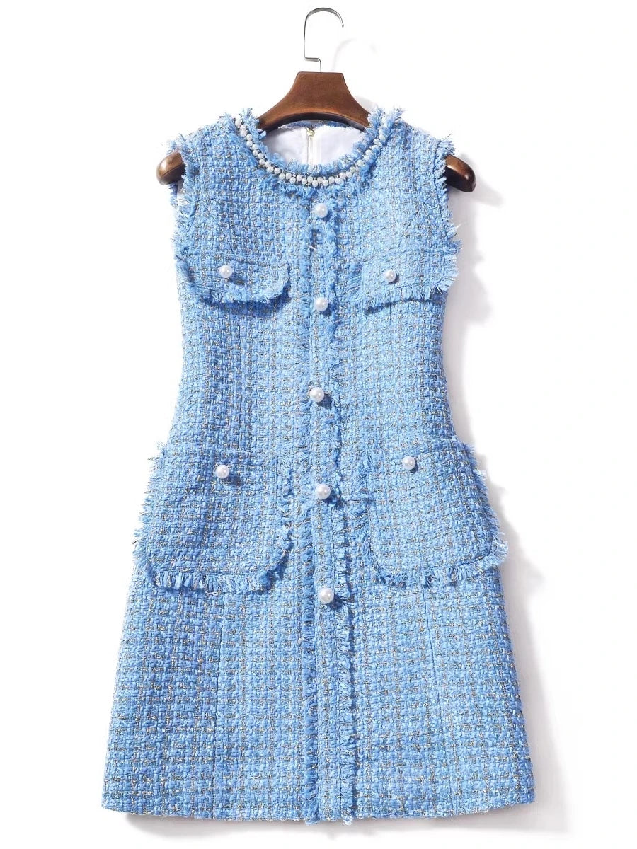 Kylethomasw Autumn Winter Luxury Runway Plaid Tweed Dress Women's Sleeveless Vest Beading Pearls Buttons Pockets Tassels Short Vestidos