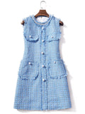 Kylethomasw Autumn Winter Luxury Runway Plaid Tweed Dress Women's Sleeveless Vest Beading Pearls Buttons Pockets Tassels Short Vestidos