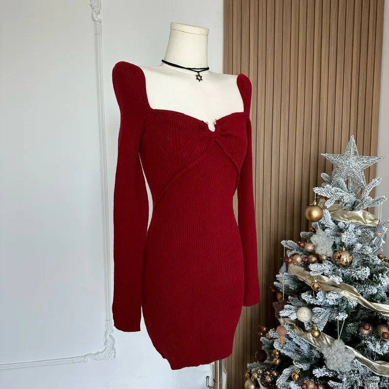 KYLETHOMASW  -   Sweet Hot Girl Christmas High-waisted Dress Women's Autumn-winter Square Collar Long-sleeved Slim Knitted Dress Female Clothes