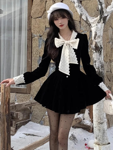 KYLETHOMASW  -  Autumn Spring 2025 New Elegant Vintage Velvet Mini Dress Women Long Sleeve Chic Female New Clothes
