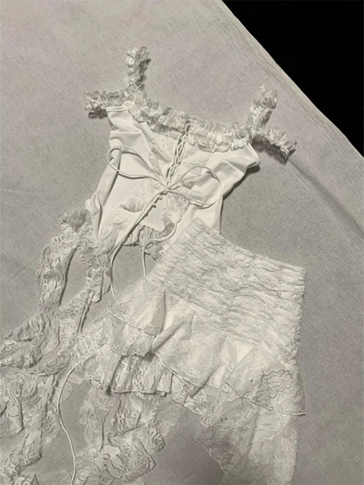 KYLETHOMASW  -  Women Fairycore Two Piece Set Lace Strap Top and Irregular Ruffle Mini Skirt Slim Fit Suit White Sweet Y2K Style Summer Outfit