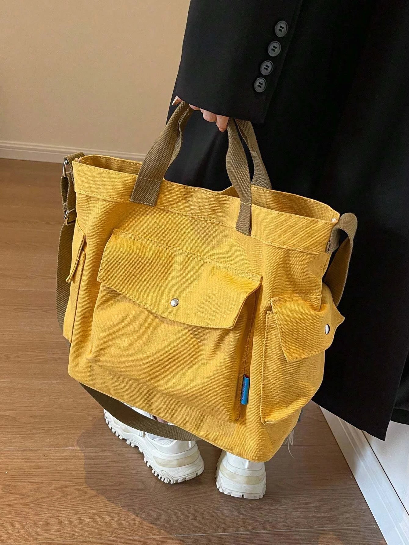 KYLETHOMASW  -  Canvas Solid Color Tote Bag, Large Capacity Multi-pocket Women's Shoulder Bag, College Style Middle School Student Crossbody Bag
