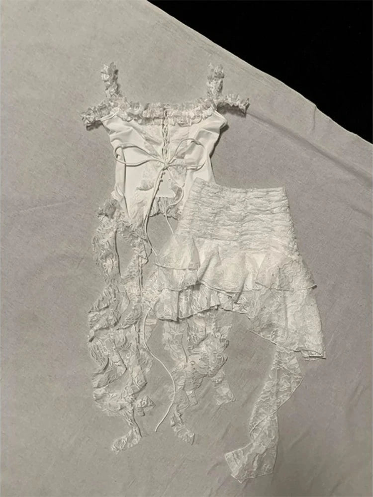 KYLETHOMASW  -  Women Fairycore Two Piece Set Lace Strap Top and Irregular Ruffle Mini Skirt Slim Fit Suit White Sweet Y2K Style Summer Outfit