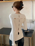 Kylethomasw Y2k White Hollow Out T-shirts for Women Long Sleeve Slim Tops with Bow Coquette Sexy Girl O-neck Aesthetic Clothes Chic