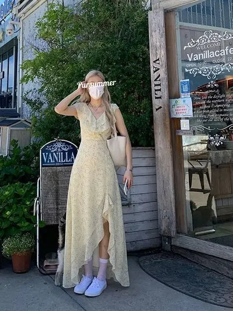 KYLETHOMASW  -  French V Neck Floral Dress Women Summer New First Love Pinched Waist Thin High End Long Split Dresses Goddess Vestido