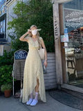 KYLETHOMASW  -  French V Neck Floral Dress Women Summer New First Love Pinched Waist Thin High End Long Split Dresses Goddess Vestido