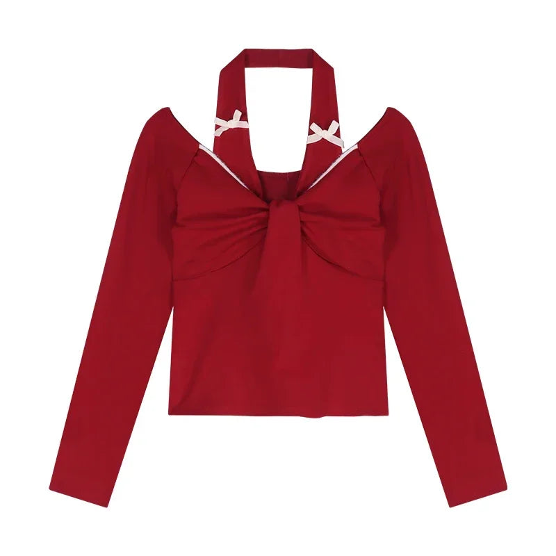 Kylethomasw High Street Backless Sexy Slim Long Sleeve T-shirt Women 2025 Spring New Korean Contrast Color Bow Splicing Casual Crop Tops