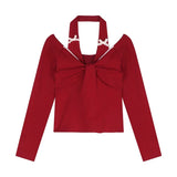 Kylethomasw High Street Backless Sexy Slim Long Sleeve T-shirt Women 2025 Spring New Korean Contrast Color Bow Splicing Casual Crop Tops